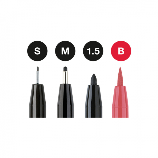 Image shows the nib sizes of a Faber-Castell Pitt Artist pen set of 4