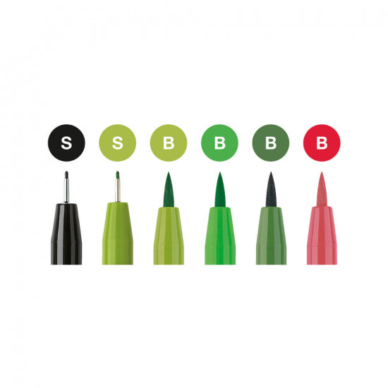 Image shows the nib sizes of a set of 6 Faber-Castell pitt artist pens (green themed)