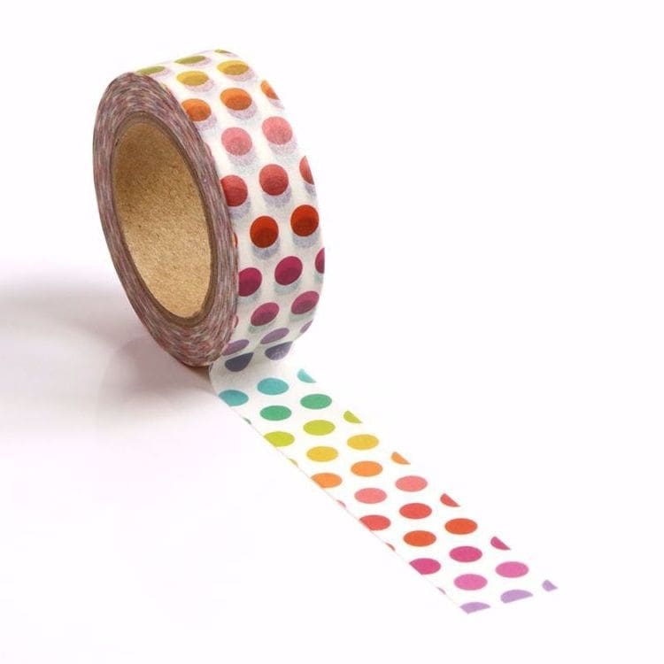 Image shows a rainbow polkadots washi tape