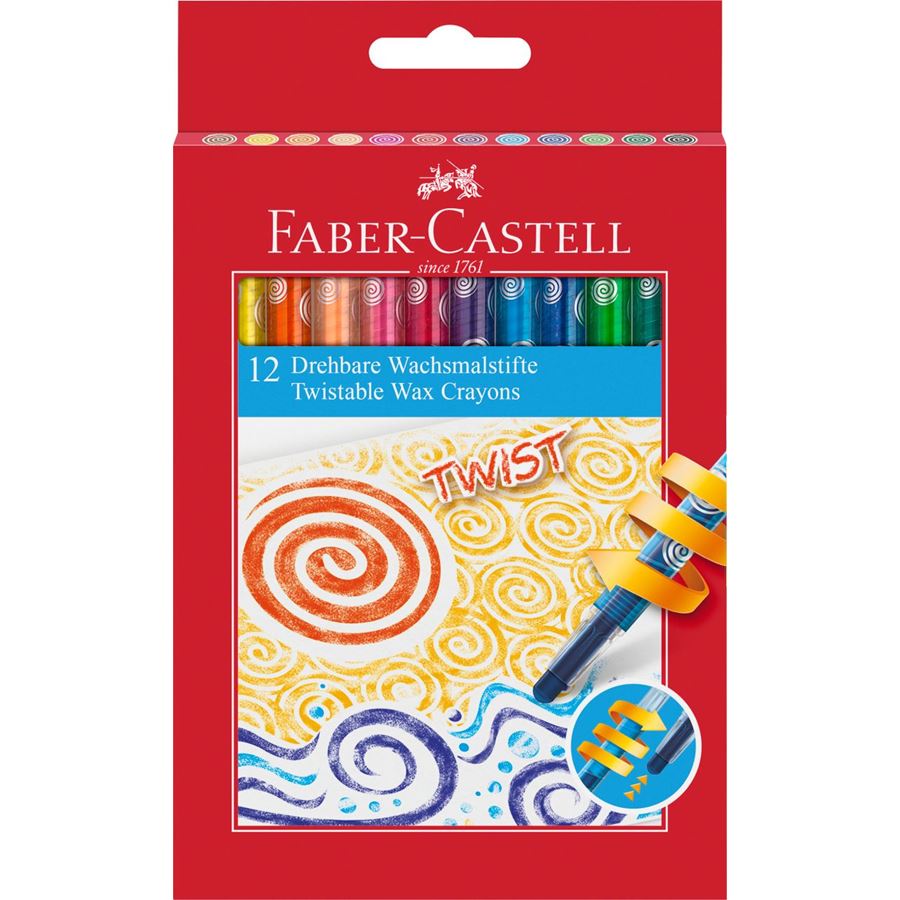 Image shows a set of 12 Faber-Castell retractable wax crayons