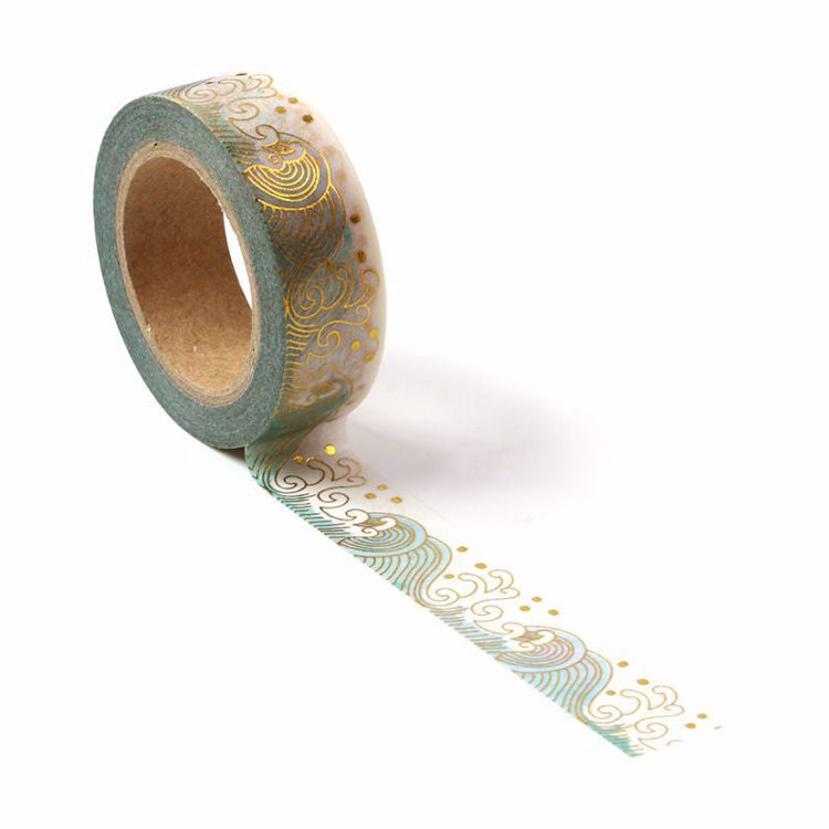 Image shows a gold and green sea waves pattern washi tape