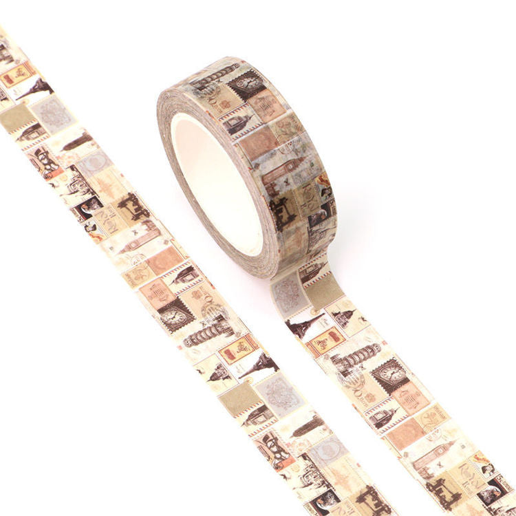 Image shows a brown, stamp like pattern washi tape
