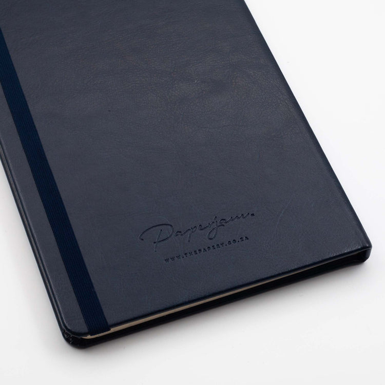 Image shows the back cover of a Classic Navy Blue journal
