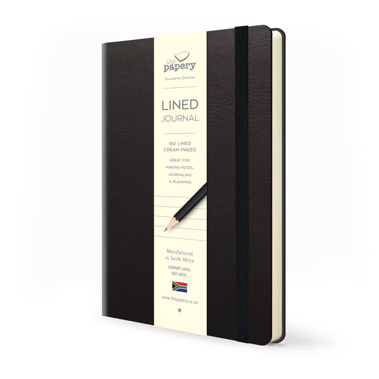 Image shows a black lined Flexi softcover journal