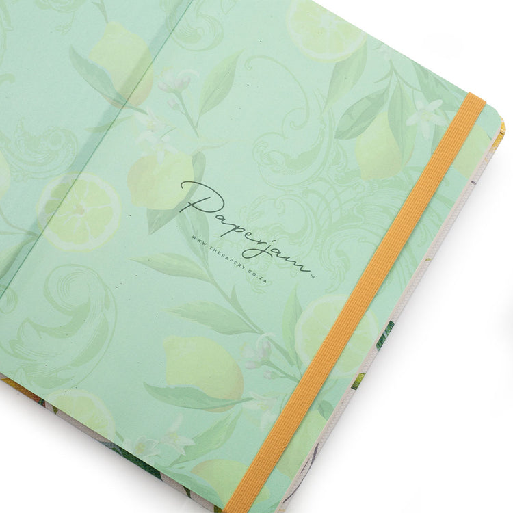 Image shows the endpapers of a Floral Lemon delight journal
