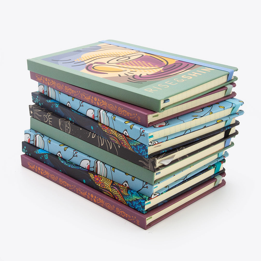 Image shows a group shot of the Retro hardcover journals