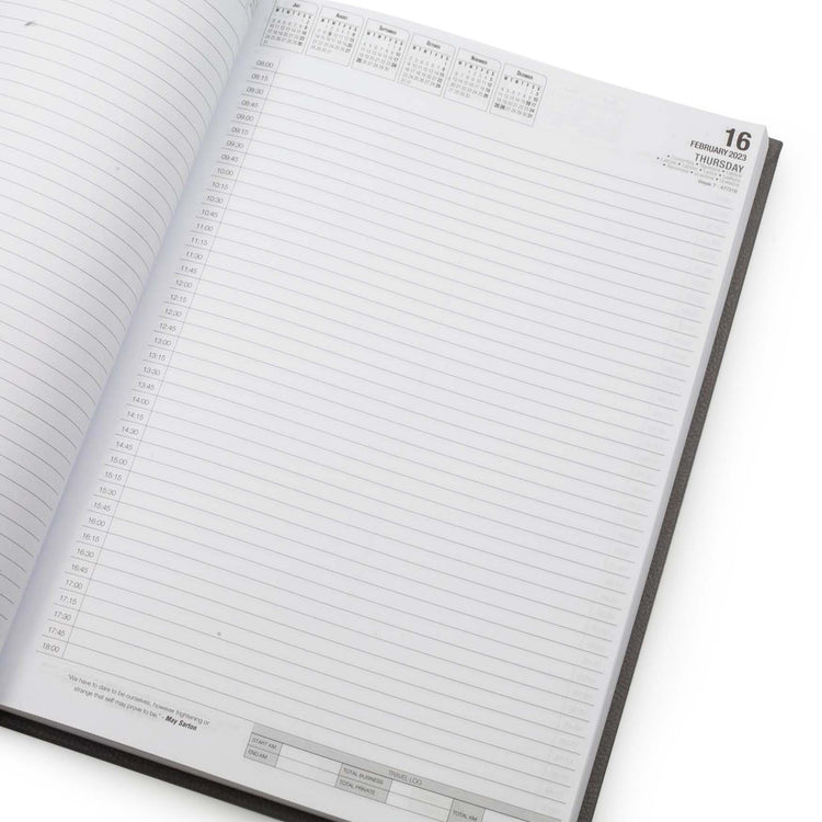 Image shows a daily page in the A4 Nappa 2023 diary