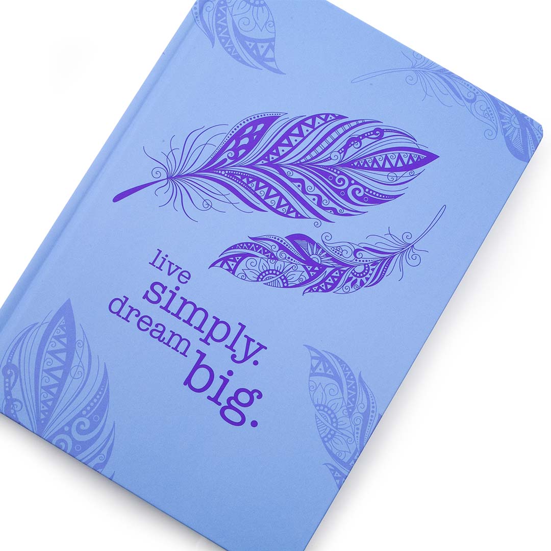 Image shows a top front view of an A4 Lilac Feather Scribblz journal