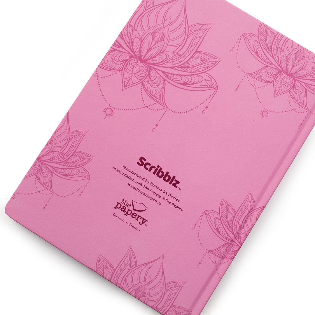 Image shows the back cover of an A4 Pink Lotus Scribblz journal