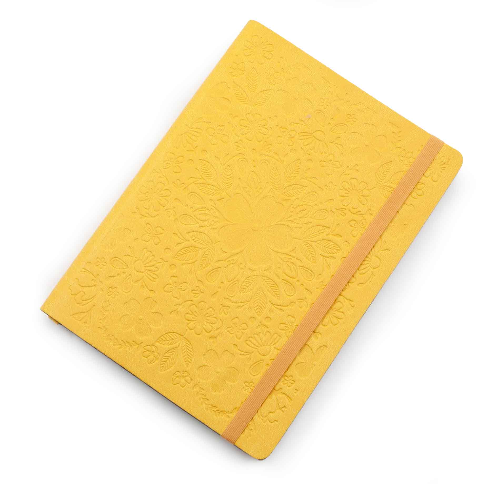 Image shows a front top view of a yellow Flexi Premium journal