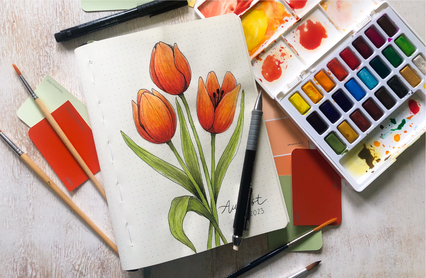 watercolour style tulips painted in a bullet journal