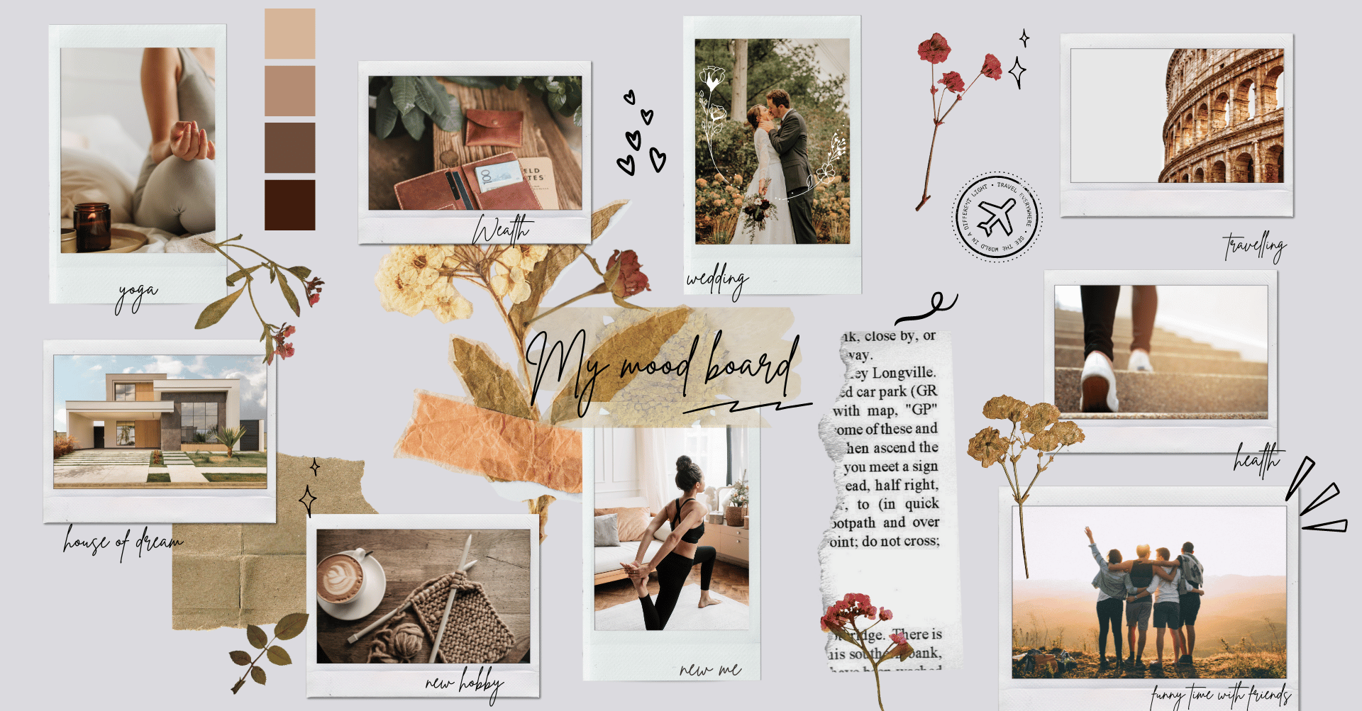 Bảng Vision Board với những hình ảnh về du lịch, tự do và niềm vui, tập trung vào cảm giác.