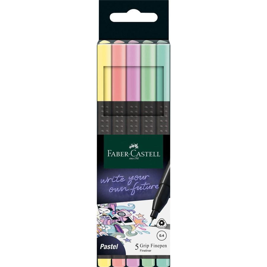 Image shows a set of 4 Faber-Castell Pastel Grip fine pens
