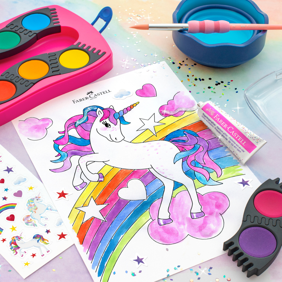 Image shows a drawing of a unicorn with Faber-Castell paint