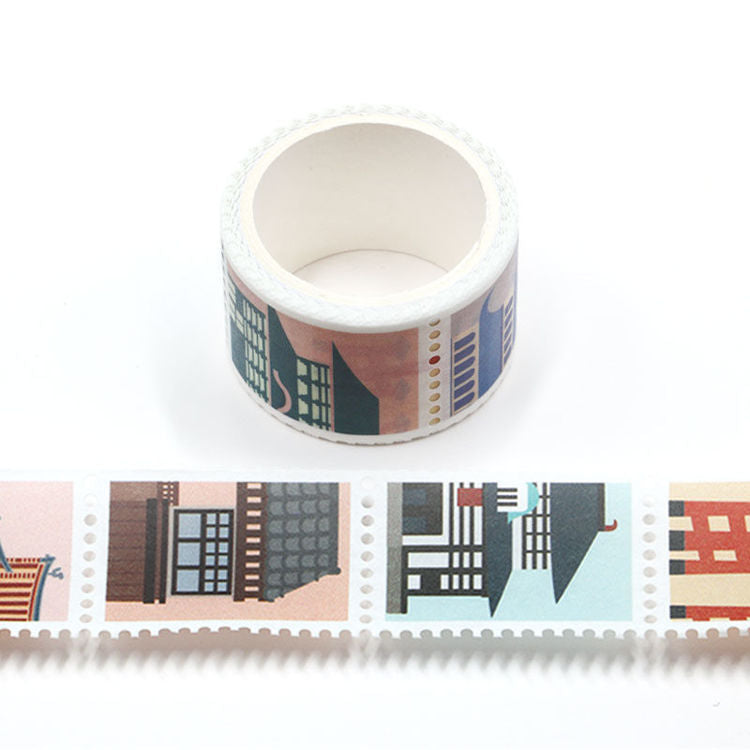 Image shows a washi tape with printed Japanese architecture 