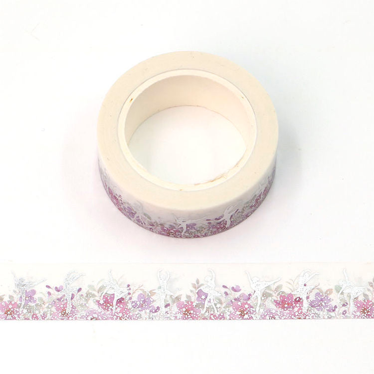 Image shows a washi tape with a ballerina and purple flowers 