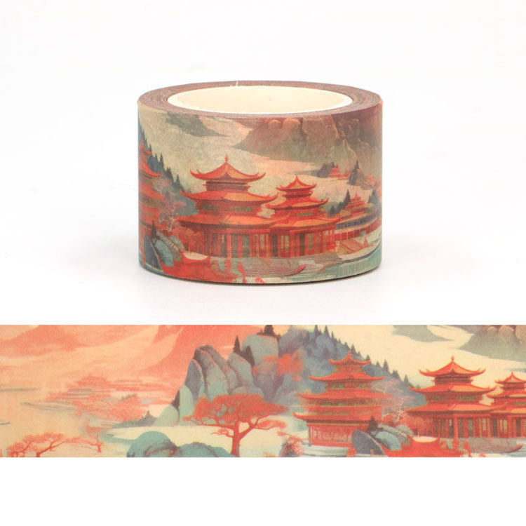 Image shows a washi tape with a retro Chinese architecture pattern