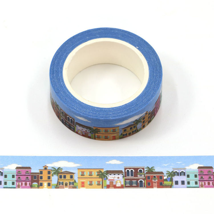 Image shows a washi tape with bright colored houses 