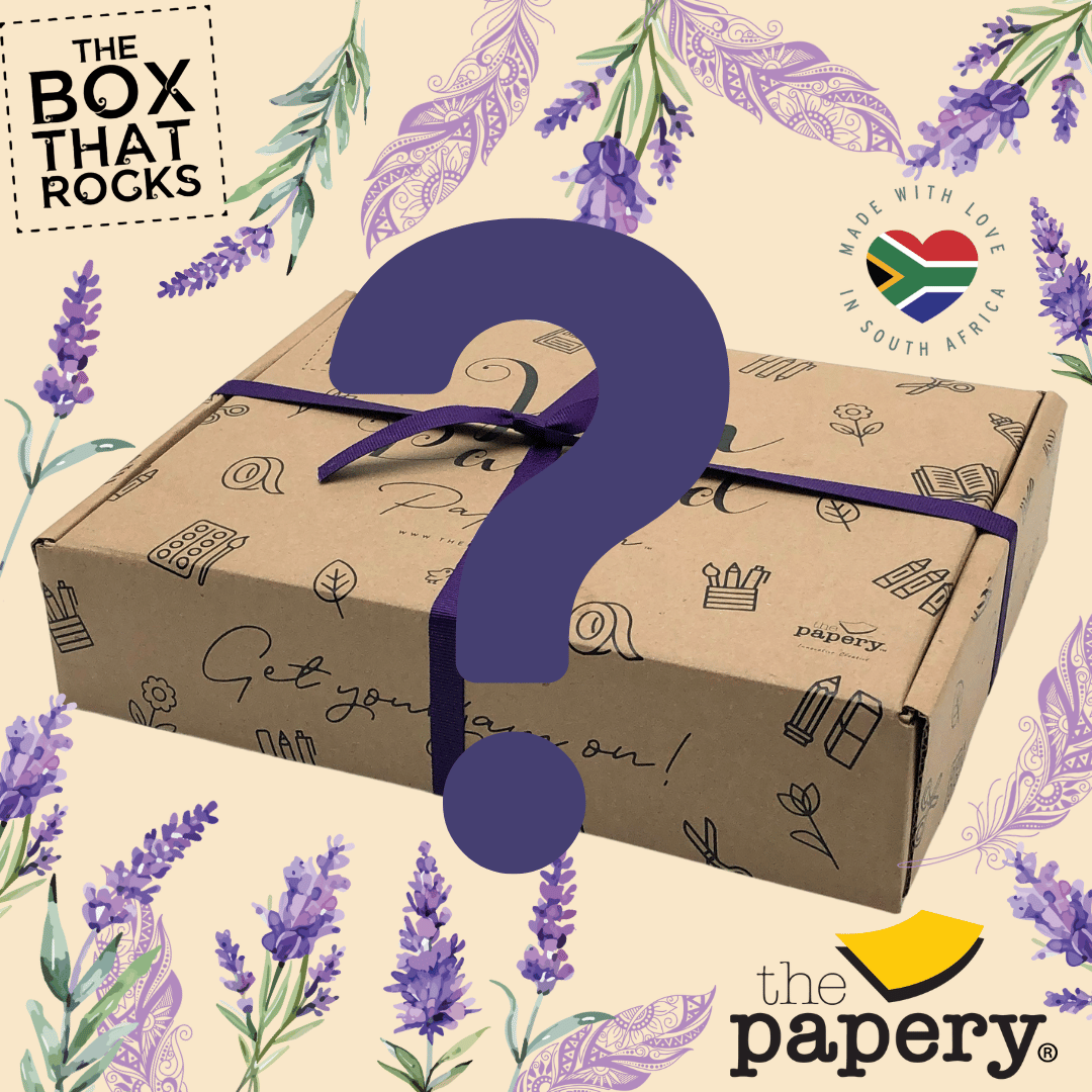 Box with purple ribbon and question mark, surrounded by lavender flowers and 'The Papery' branding.