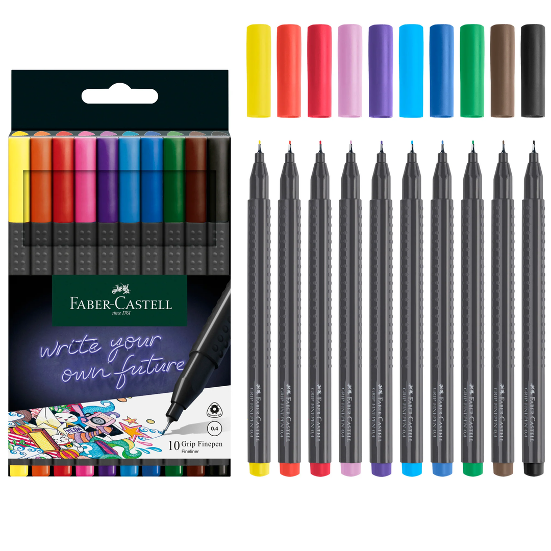 Image shows a set of Faber-Castell grip fine pens