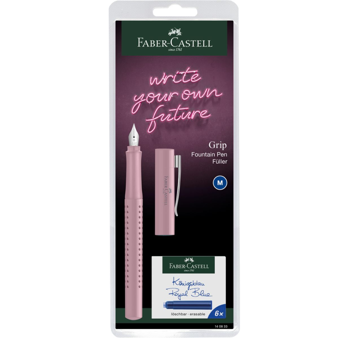 Image shows a rose pink Faber-Castell Fountain pen set