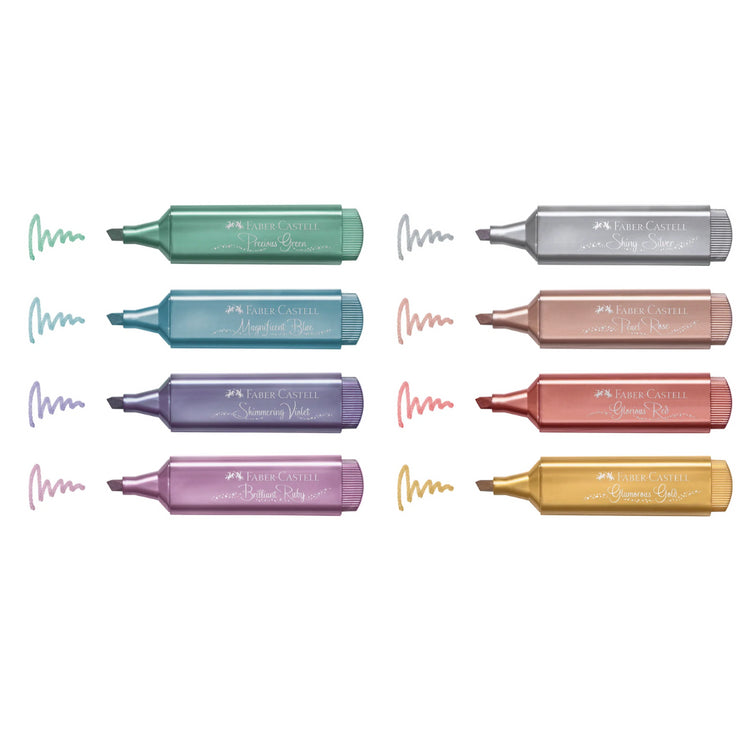 Image shows a set of 8 Faber-Castell metallic Highlighters 