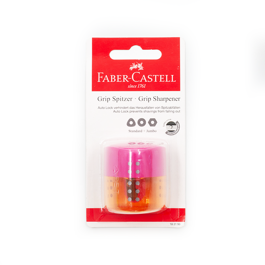 Image shows a pink Faber-Castell sharpener