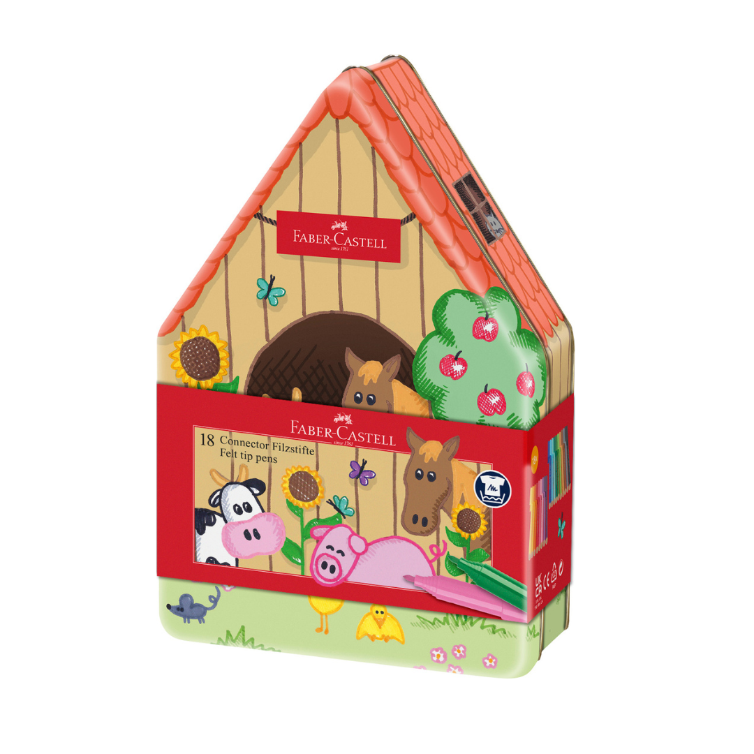 Image shows a farmhouse shaped tin with Faber-Castell pens 