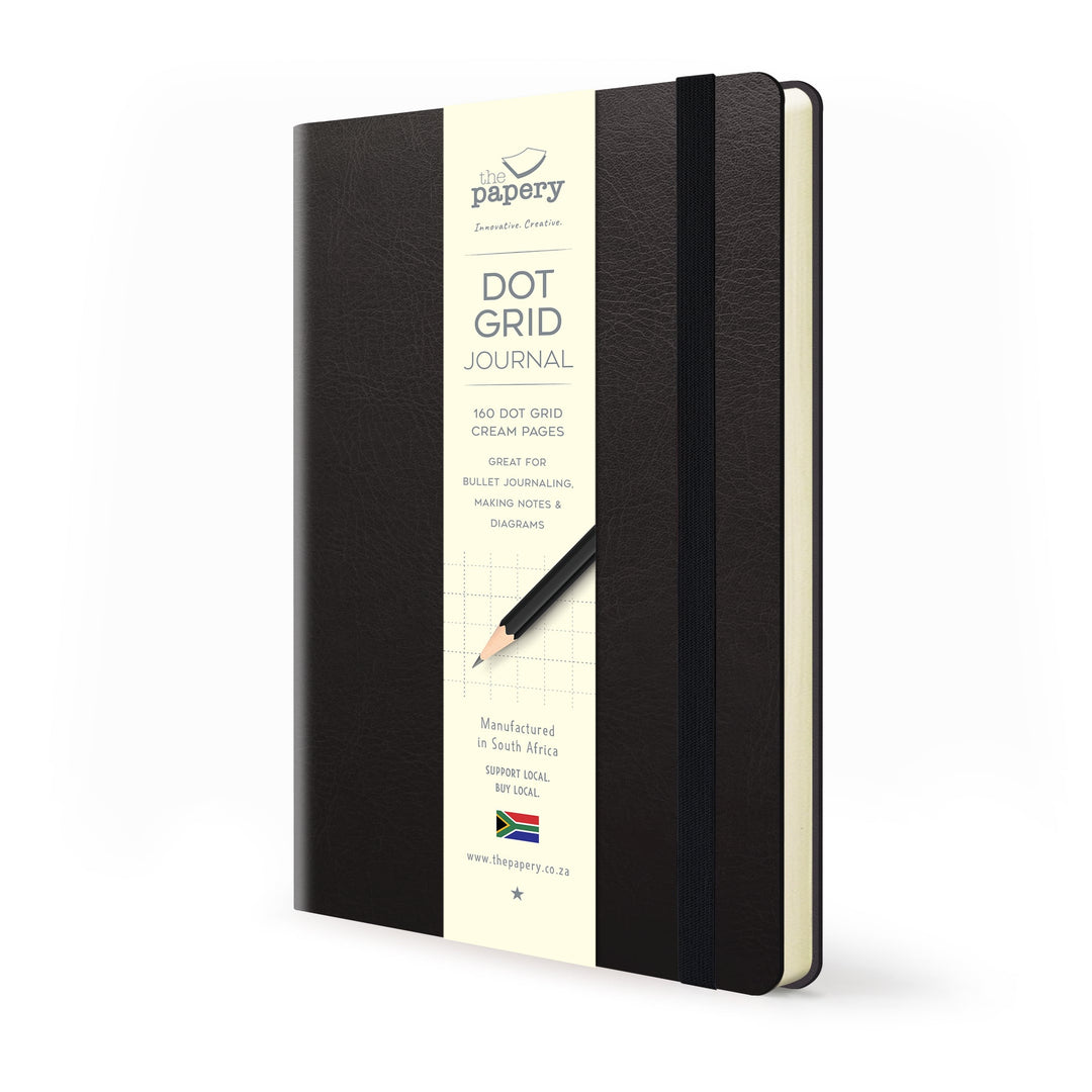 Image shows a black Flexi softcover dot grid journal