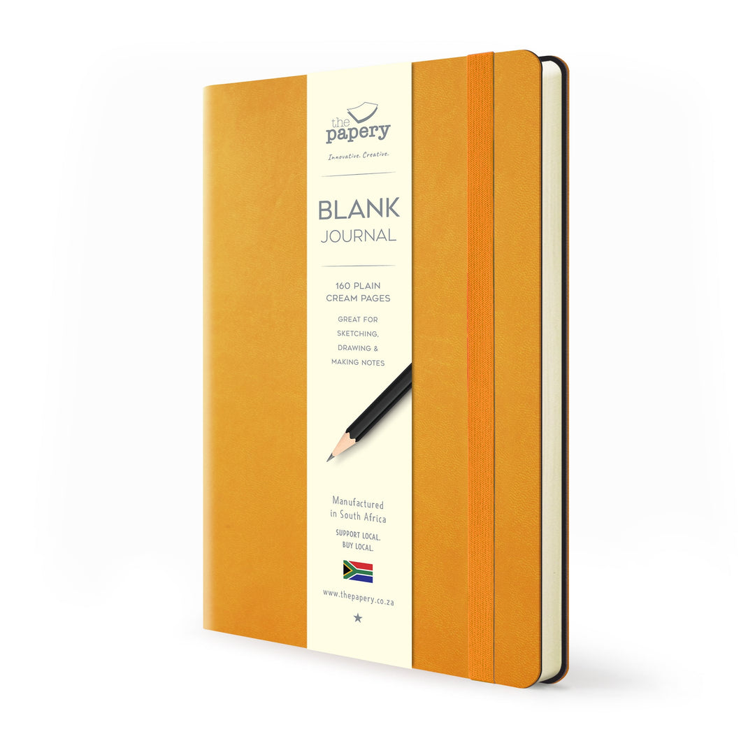 Image shows an orange flexi journal with blank pages