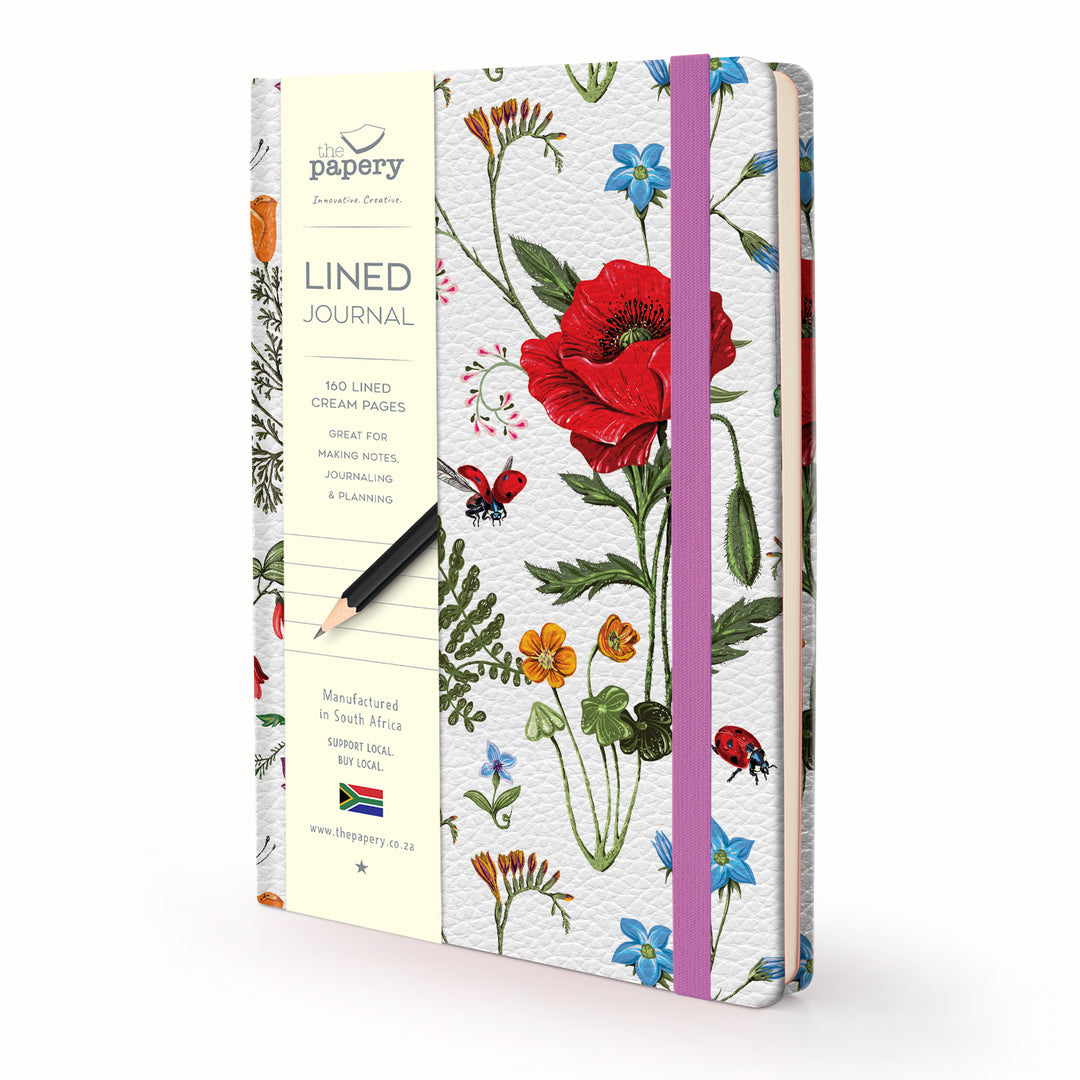 Image shows a flower and bugs lined journal