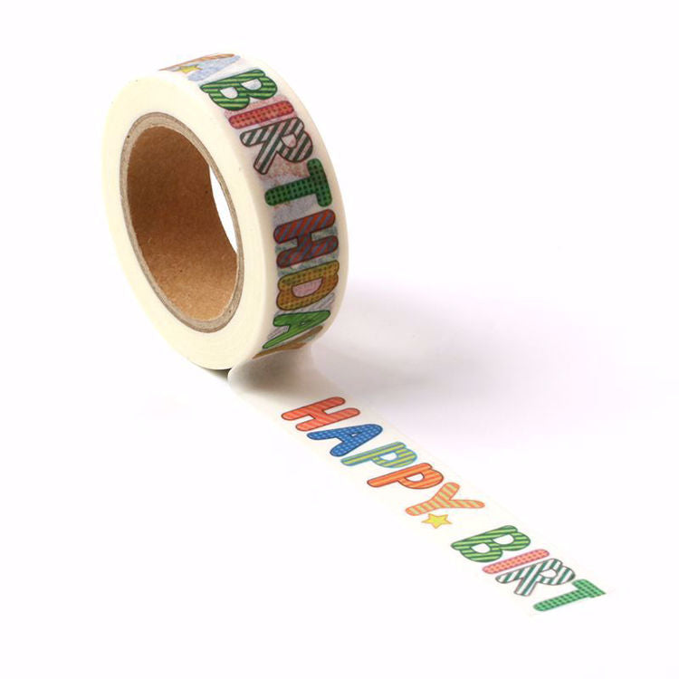 Image shows a washi tape with 'happy birthday' printing