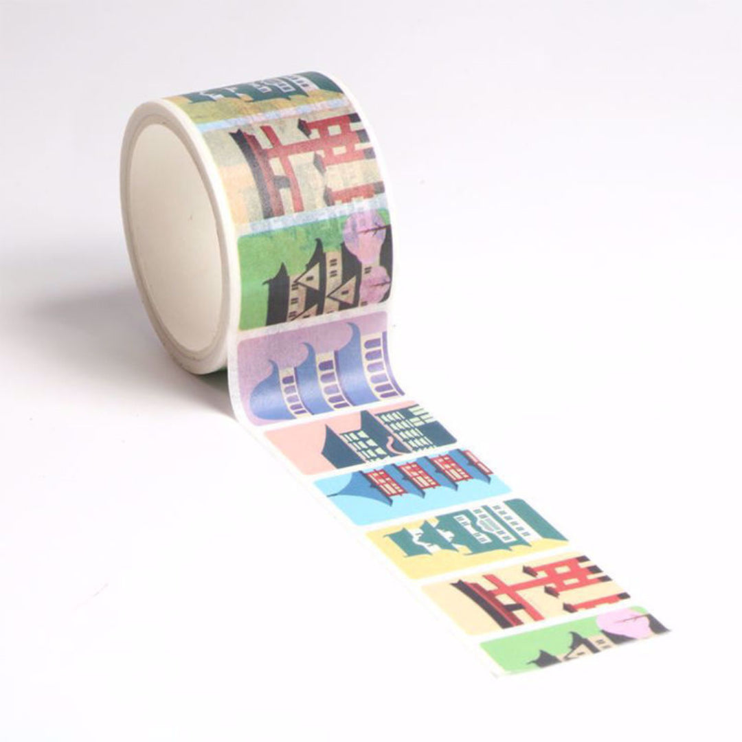 Image shows a washi tape with printed Japanese houses 