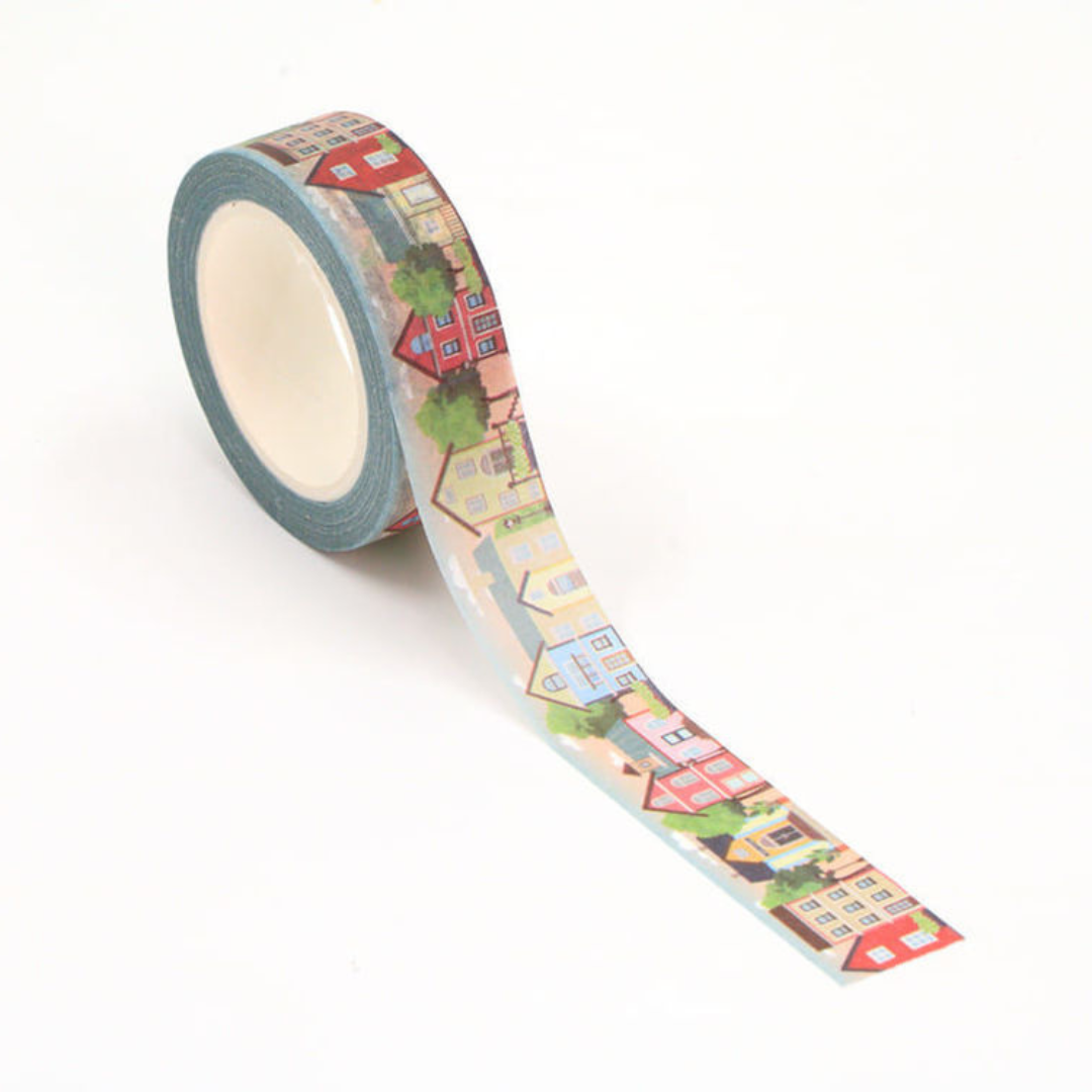 Image shows a washi tape with little houses 