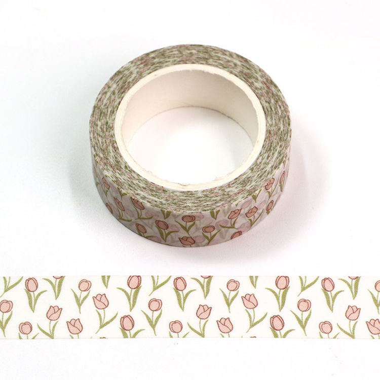 Image shows a washi tape with pink tulips