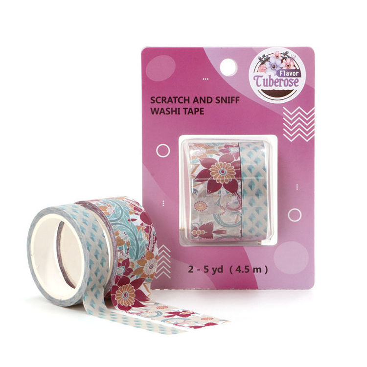 Image shows a tuberose scented washi tape set with a floral theme in packaging