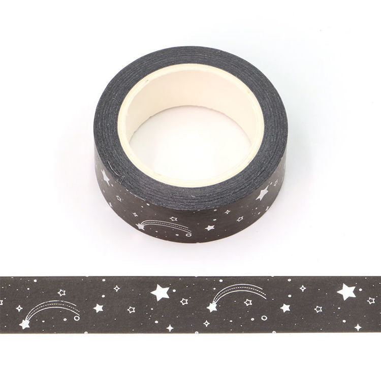 Image shows a black washi tape with silver foil stars