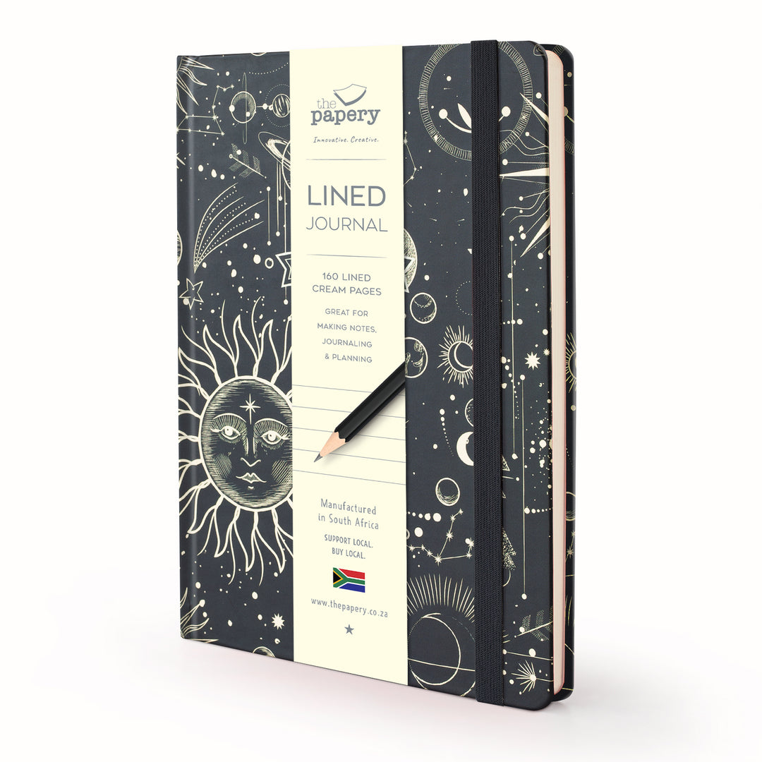 Image shows a retro sun moon stars lined journal