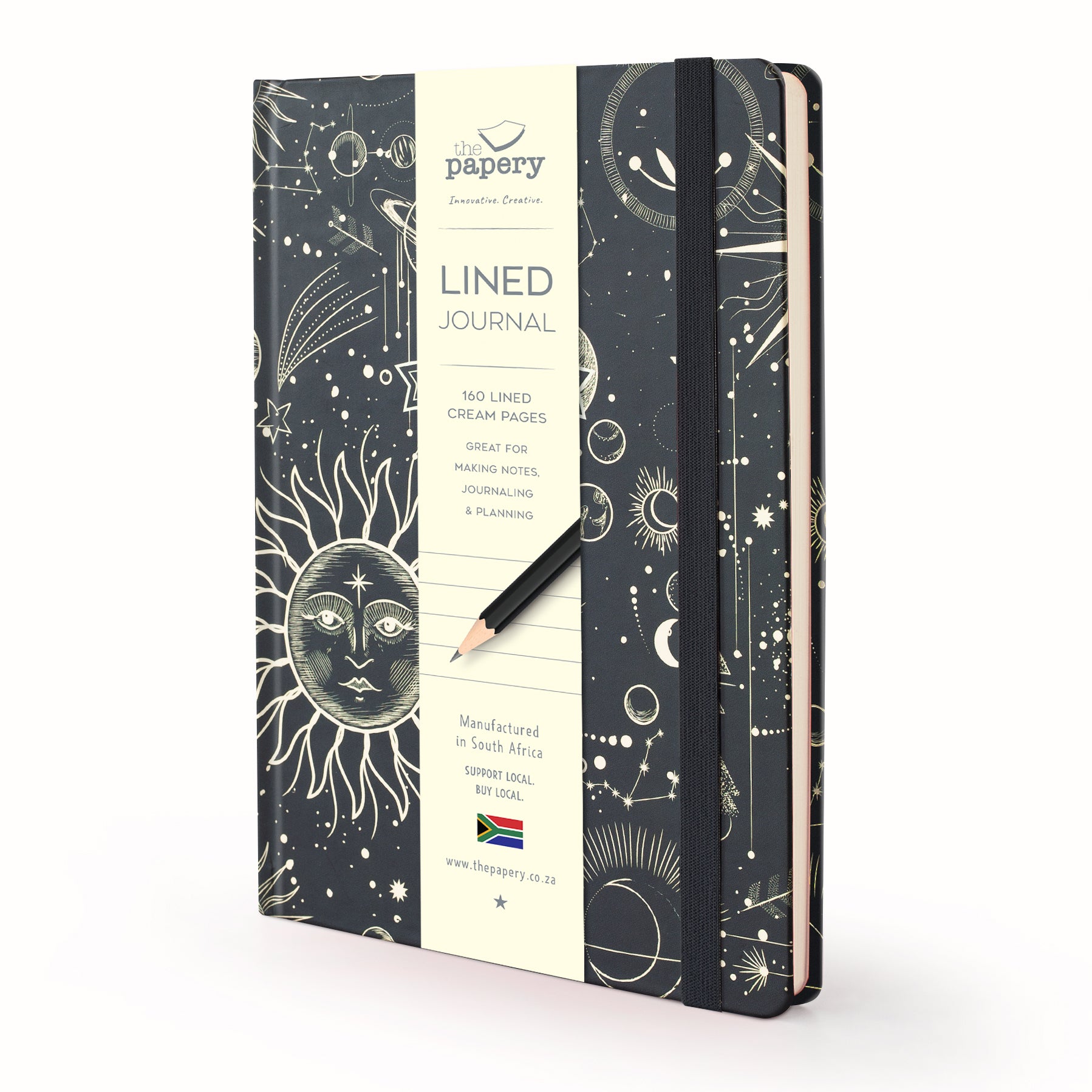 Image shows a retro sun moon stars lined journal
