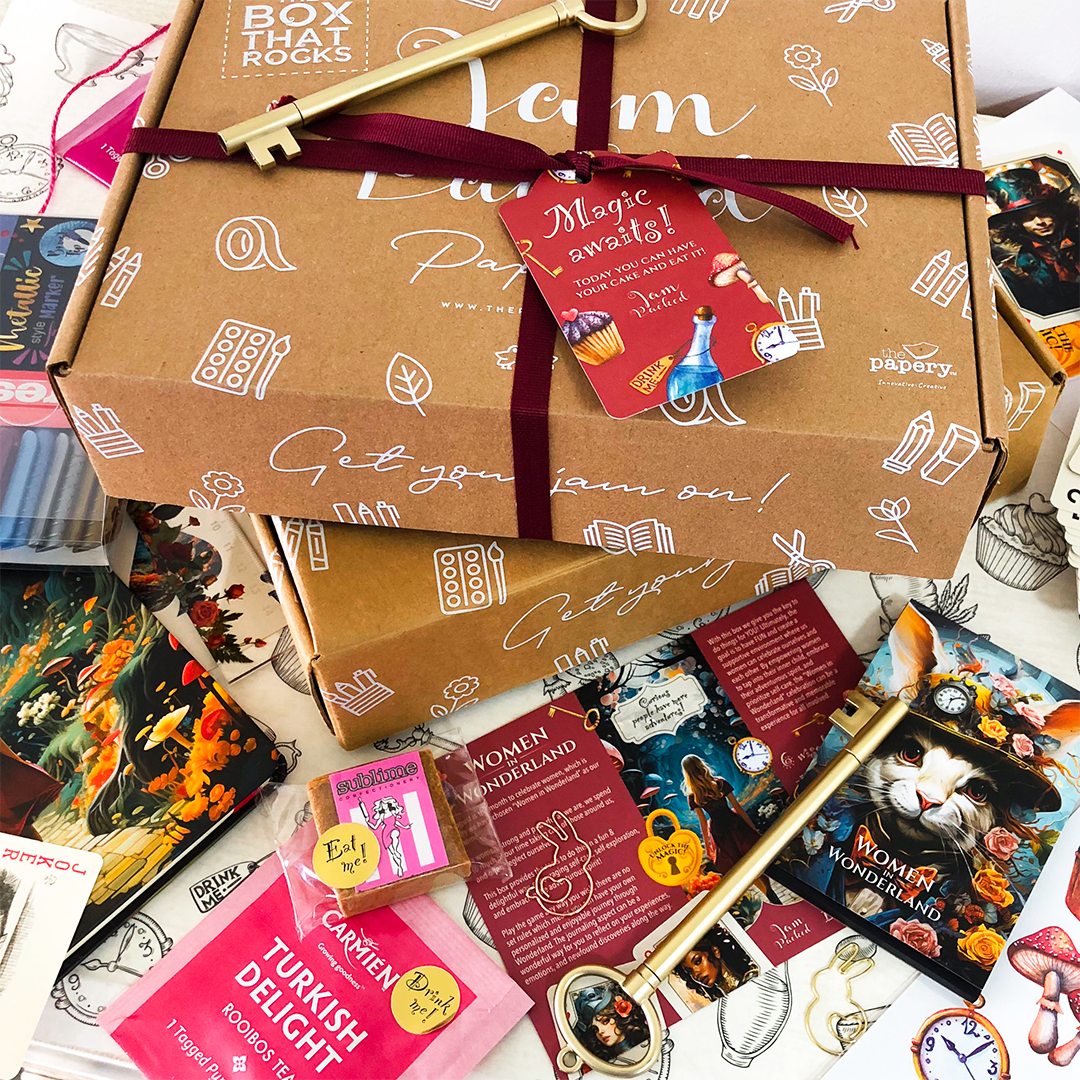 Image shows the contents of the Women In Wonderland subscription box