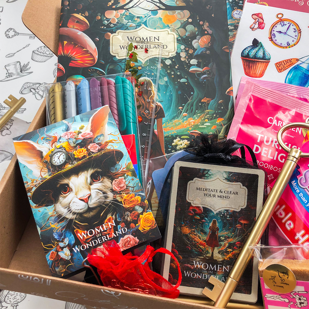 Image shows the contents of the Women In Wonderland subscription box