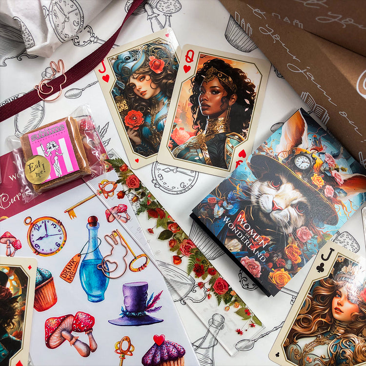 Image shows the contents of the Women In Wonderland subscription box