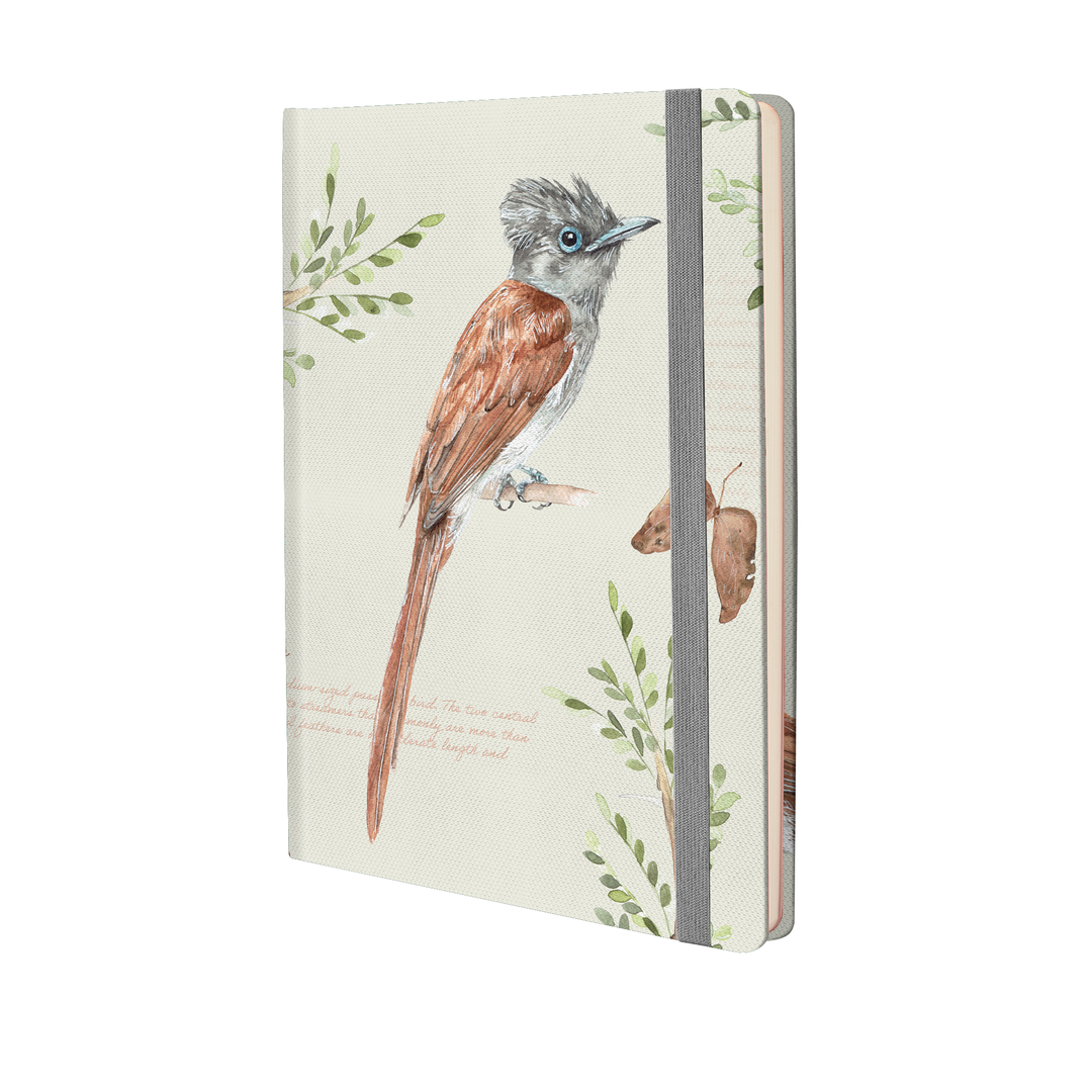Notebook with bird illustration on a white background