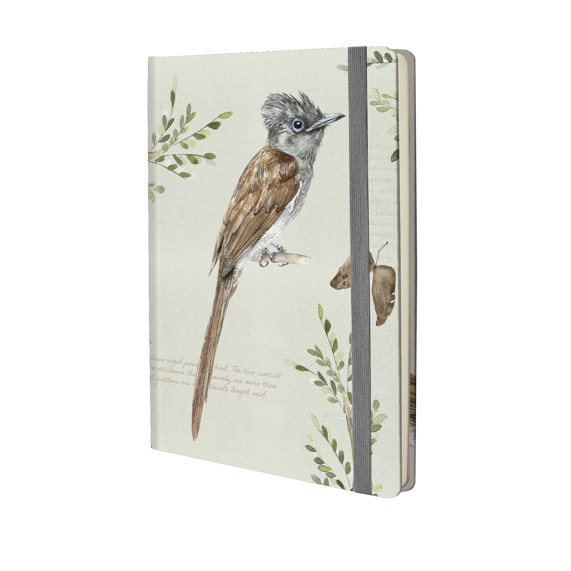 Notebook with bird illustration on a white background
