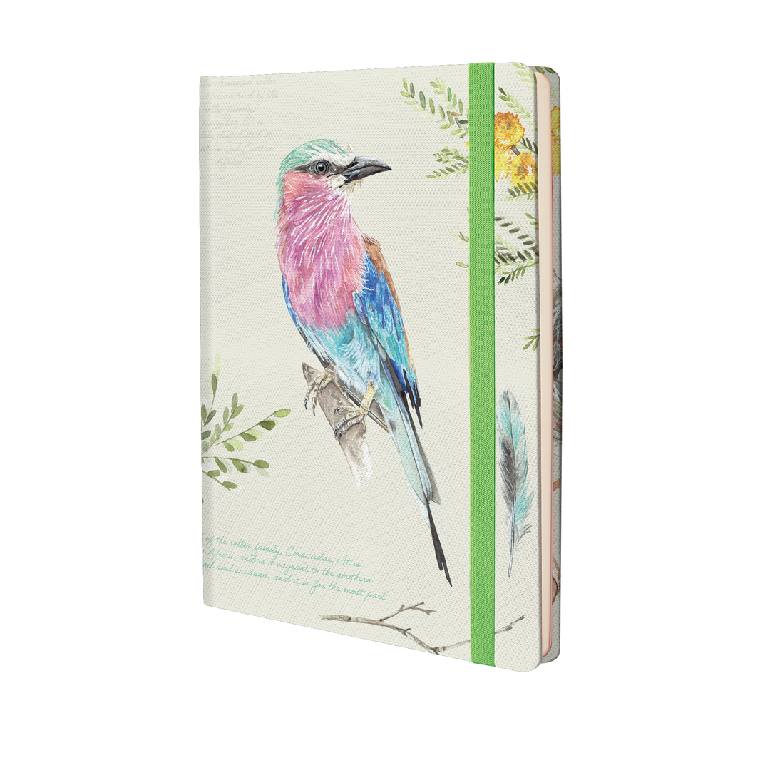 Notebook with a colorful bird illustration on a white background