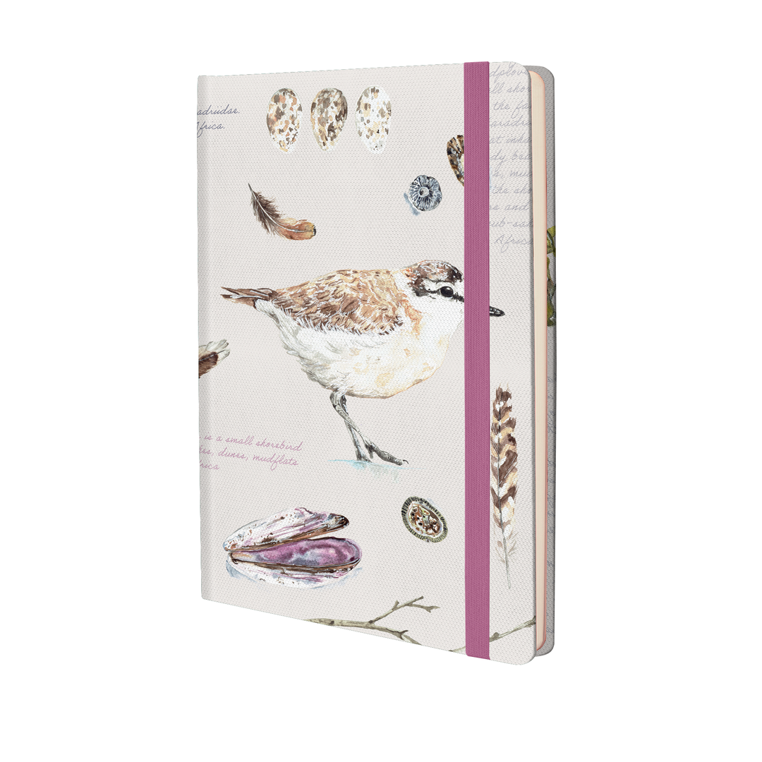 Notebook with bird and shell illustrations on a white background