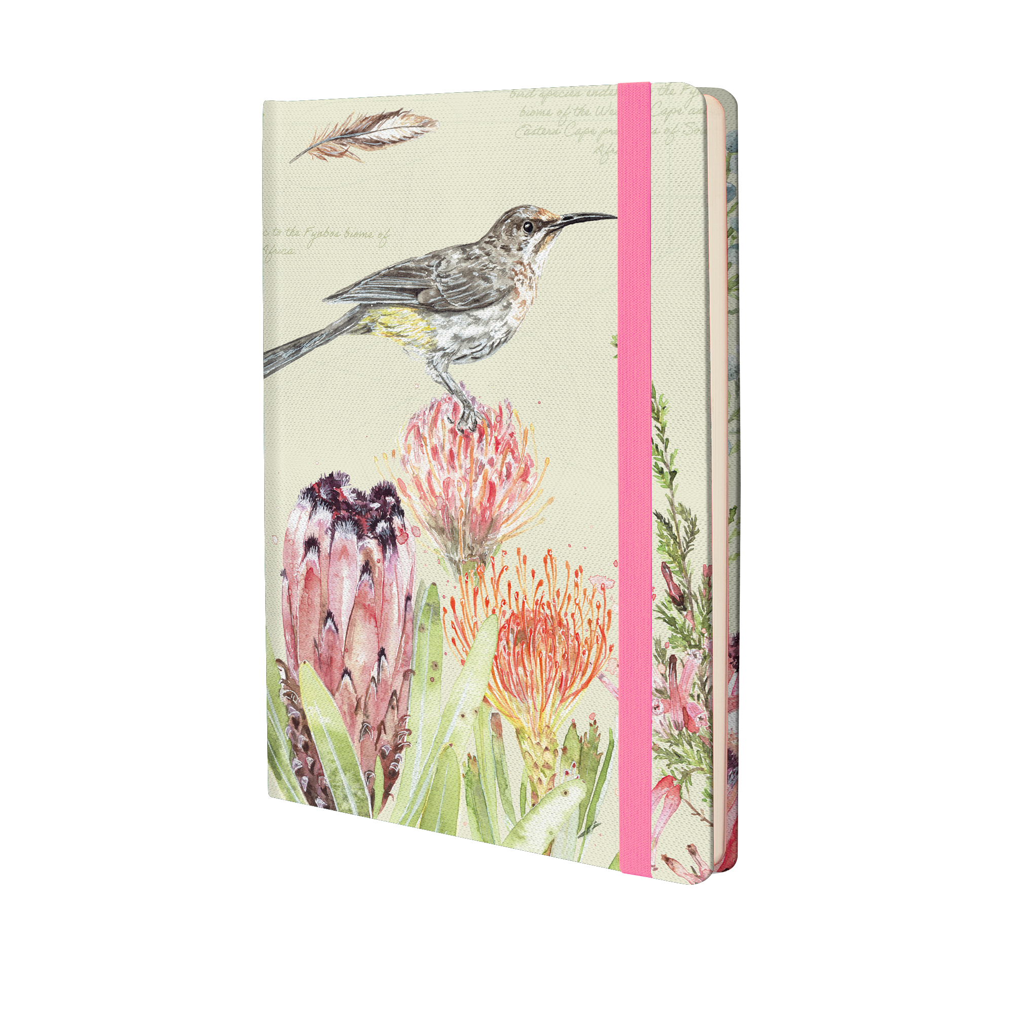 Notebook with a bird and floral design on a light green background