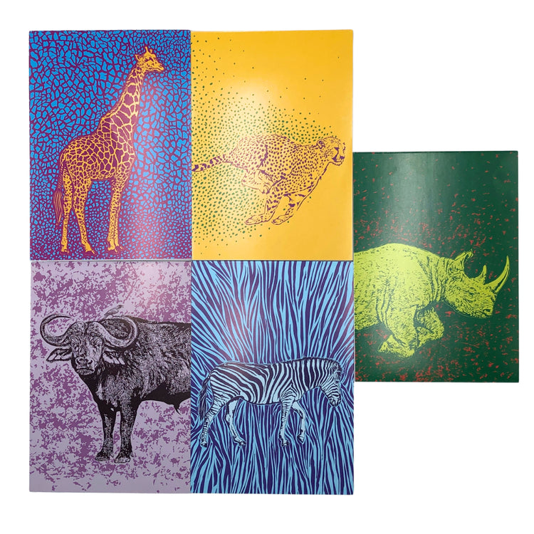Set of five animal-themed notepads with colorful covers featuring a giraffe, cheetah, rhino, zebra, and buffalo.