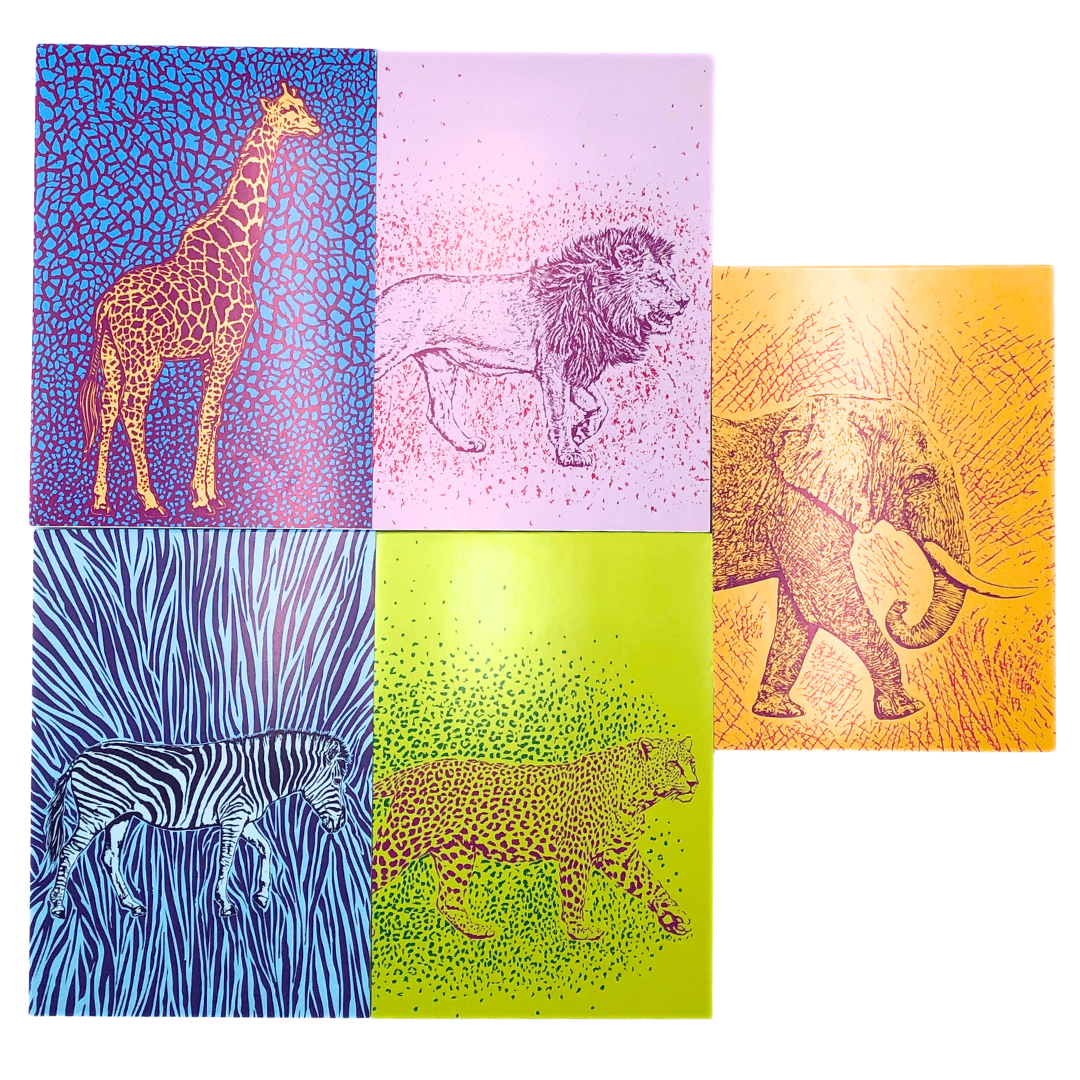 Set of five animal-themed notepads with colorful covers featuring a giraffe, leopard, lion, zebra, and elephant.
