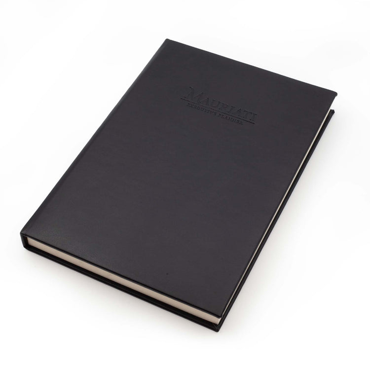 Image shows the front top view of a black 2023 Mauriati Planner